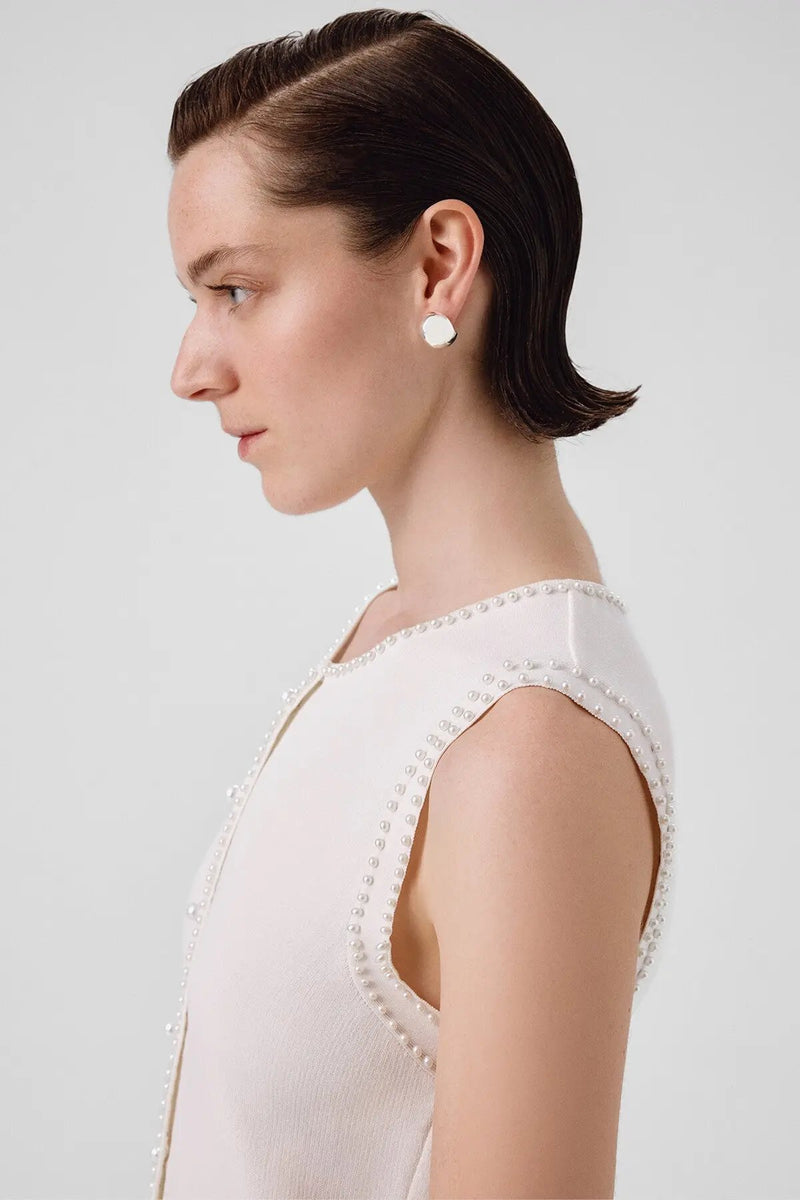 Ekru İnci İşlemeli Eteği Piliseli Uzun Elbise