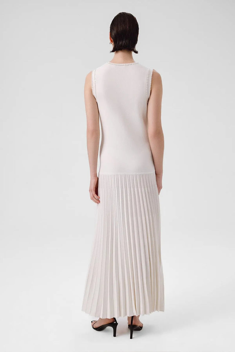 Ekru İnci İşlemeli Eteği Piliseli Uzun Elbise