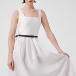 Ekru Kare Yaka Kemer Detaylı Uzun Elbise  Mısırlı 1951