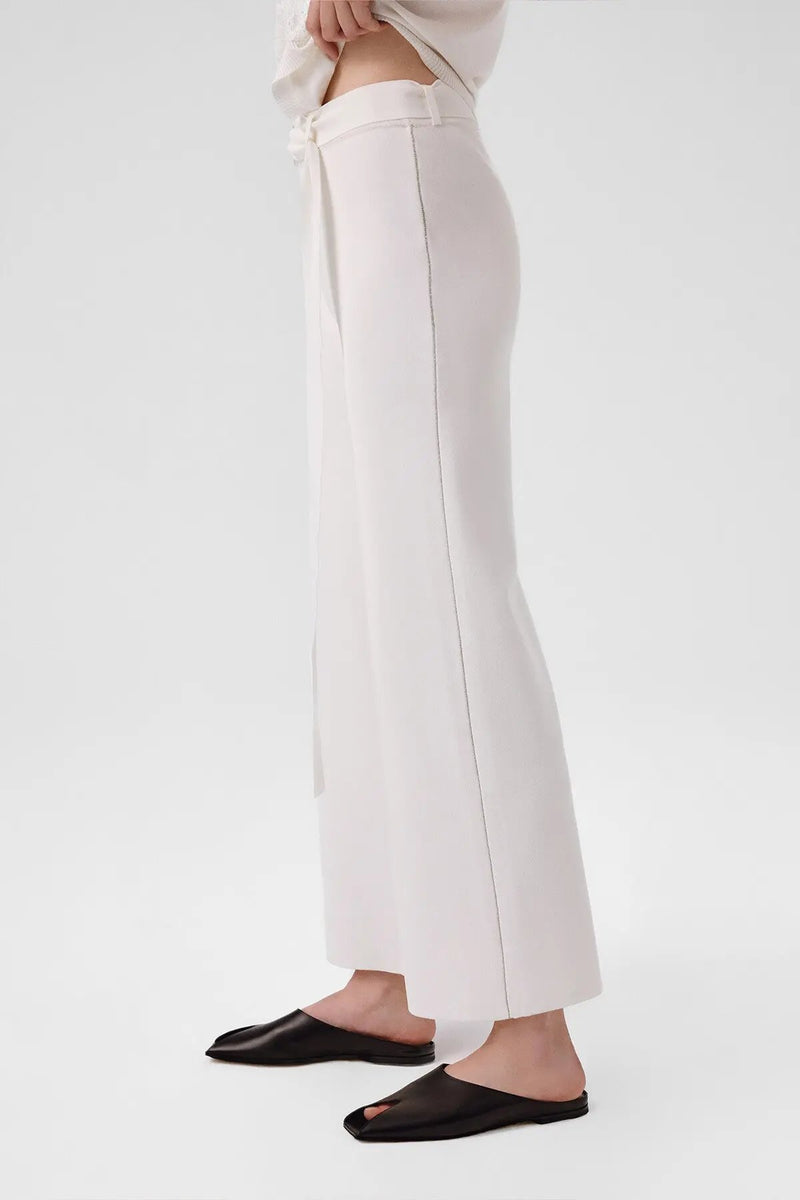 Ekru Kemer Detaylı Bol Paça Kadın Pantolon