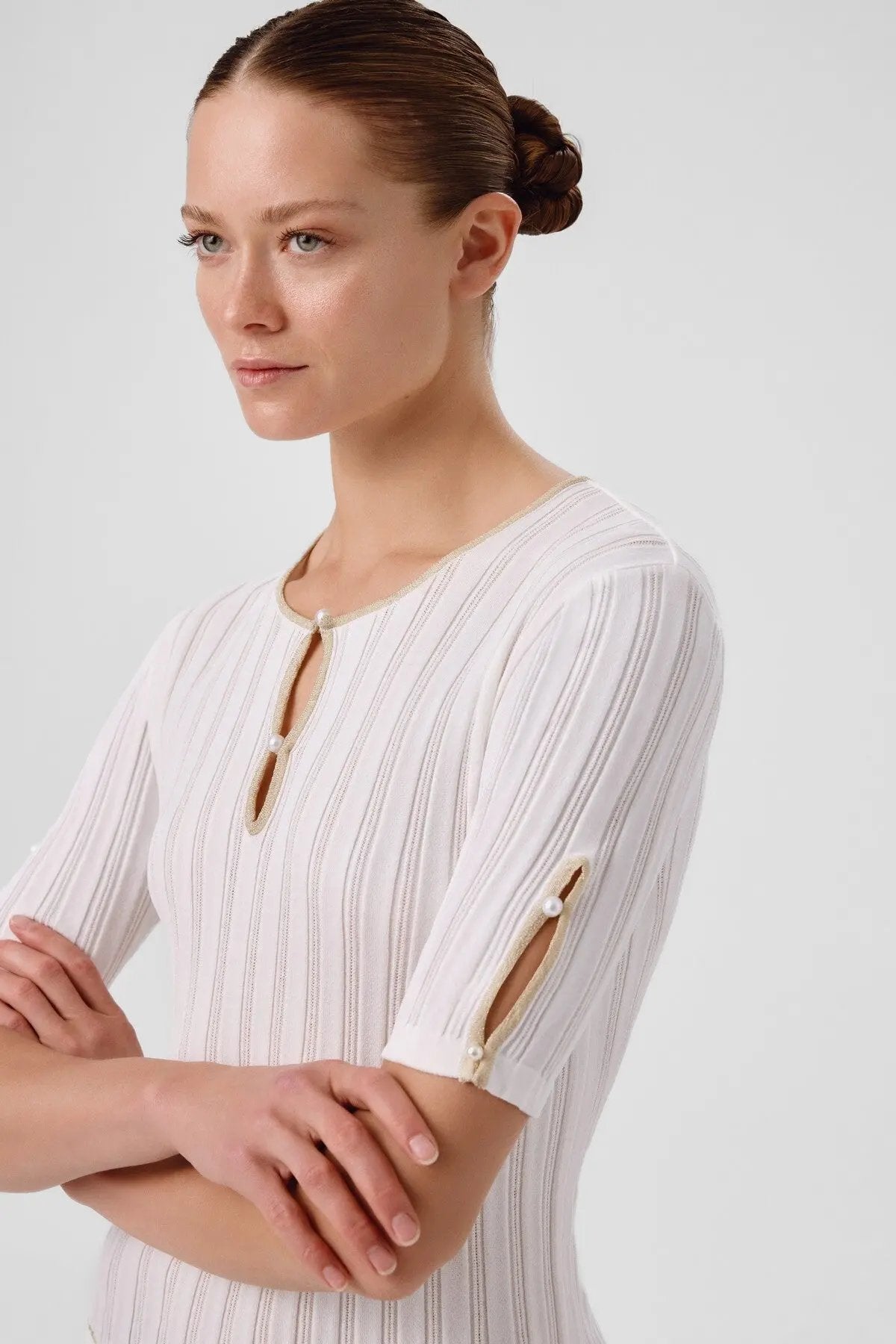 Ekru Pencere Detaylı İncili Kadın Kazak  Mısırlı 1951