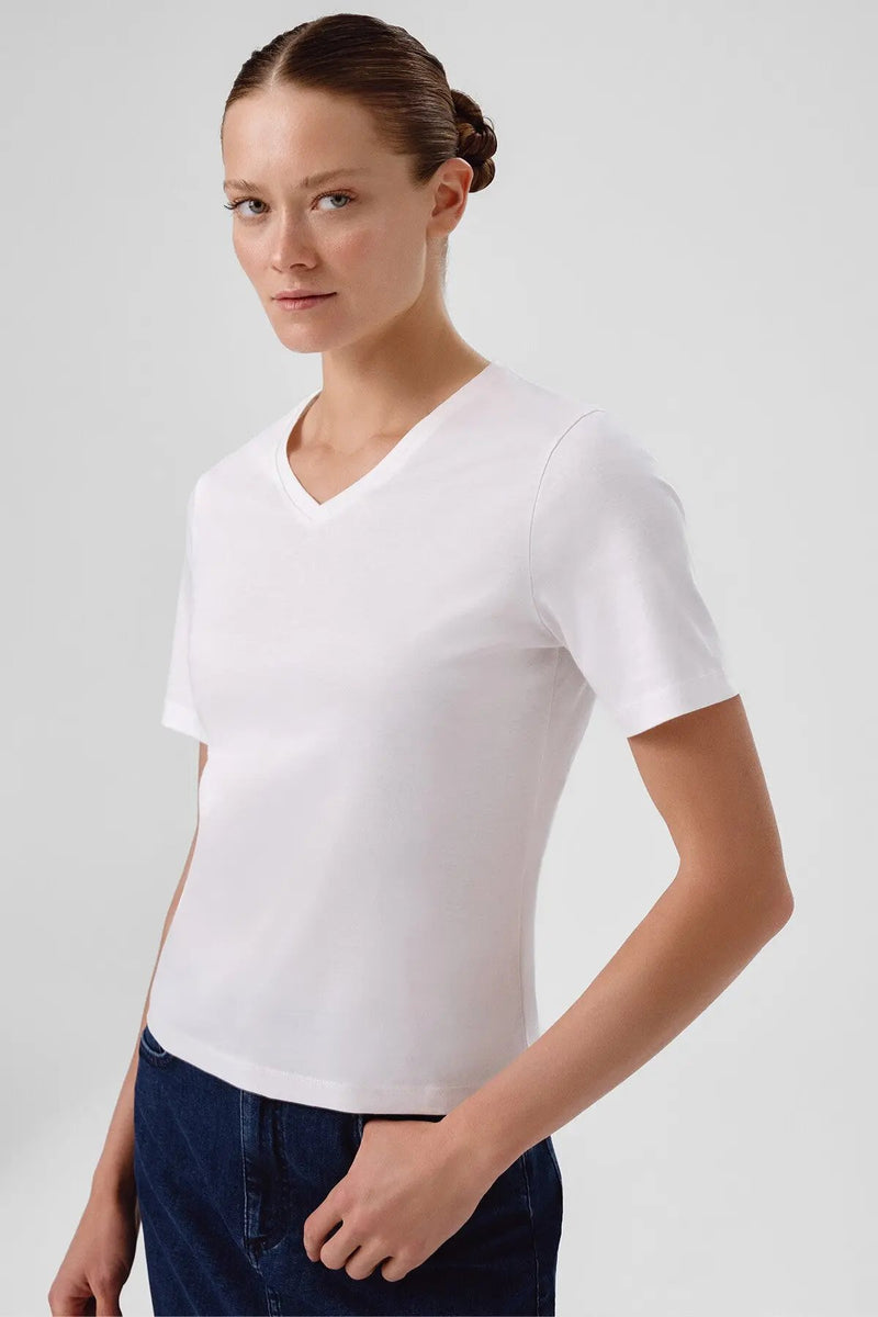 Ekru V Yaka Kısa Kollu Kadın Tişört  Mısırlı 1951