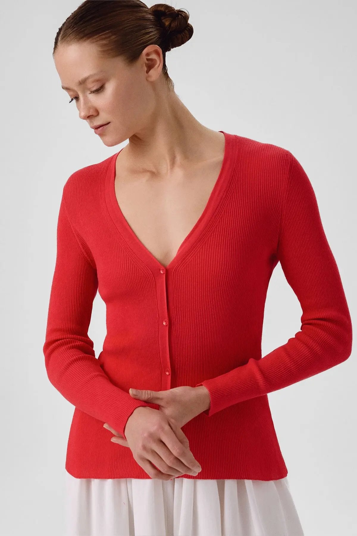 Fuşya V Yaka Fitilli İnce Kadın Hırka  Mısırlı 1951