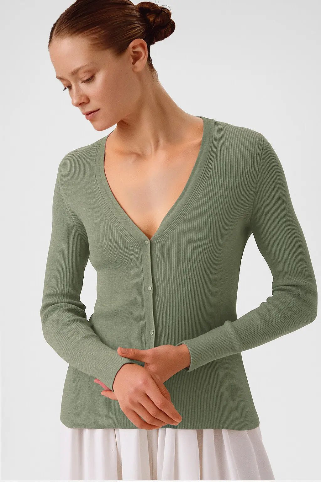 Gri Yeşil V Yaka Fitilli İnce Kadın Hırka  Mısırlı 1951