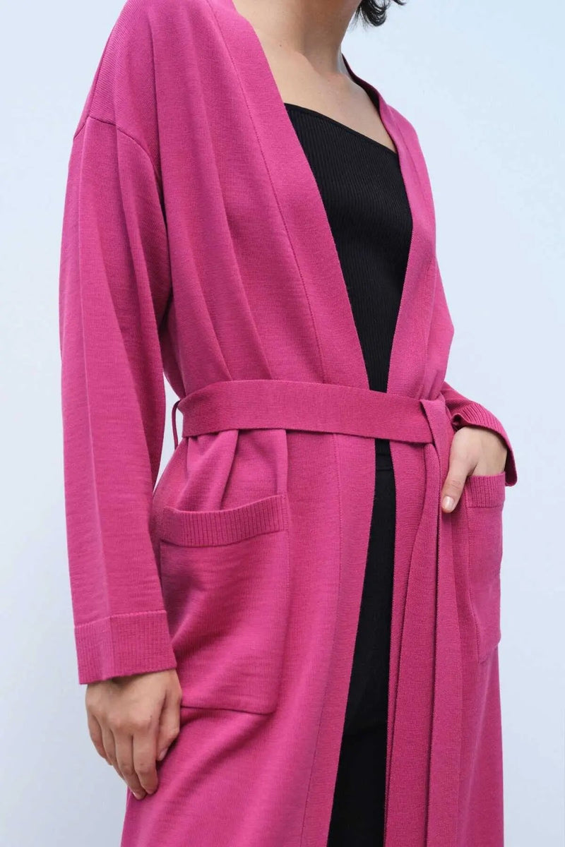 Gül Kurusu Belden Bağlamalı Uzun Kadın Hırka