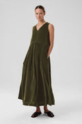 Haki Eteği Pileli Kolsuz Uzun Elbise