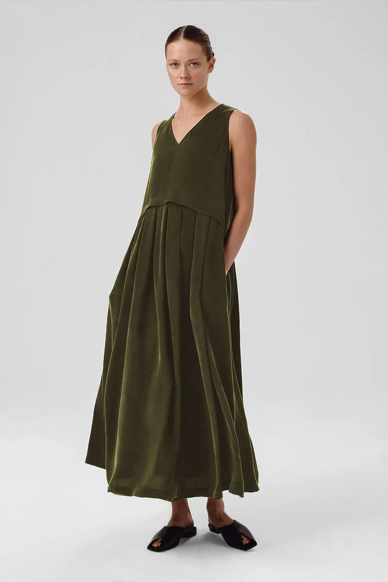 Haki Eteği Pileli Kolsuz Uzun Elbise  Mısırlı 1951