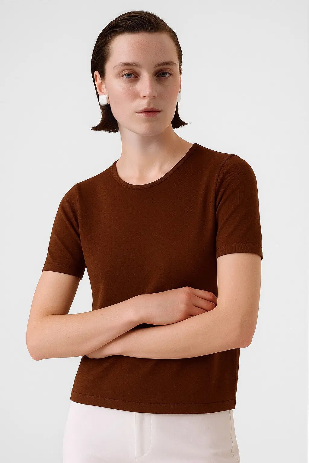 Kahverengi Bisiklet Yaka Kısa Kollu Kadın Kazak  Mısırlı 1951