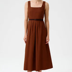 Kahverengi Kare Yaka Kemer Detaylı Uzun Elbise  Mısırlı 1951