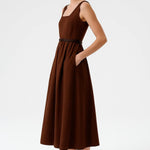 Kahverengi Kare Yaka Kemer Detaylı Uzun Elbise  Mısırlı 1951