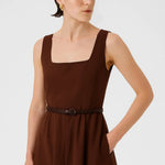 Kahverengi Kare Yaka Kemer Detaylı Uzun Elbise  Mısırlı 1951