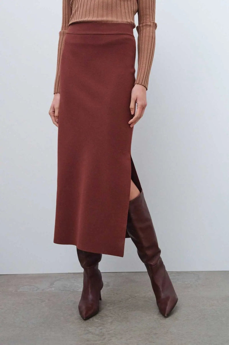 Kahverengi Yırtmaç Detaylı Midi Etek  Mısırlı 1951