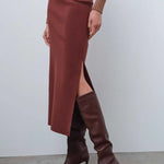 Kahverengi Yırtmaç Detaylı Midi Etek  Mısırlı 1951