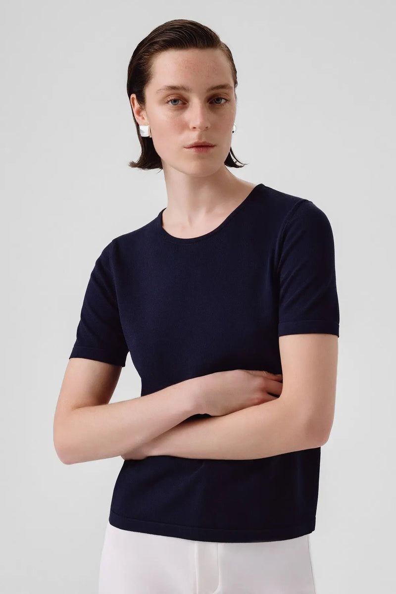 Lacivert Bisiklet Yaka Kısa Kollu Kadın Tişört  Mısırlı 1951