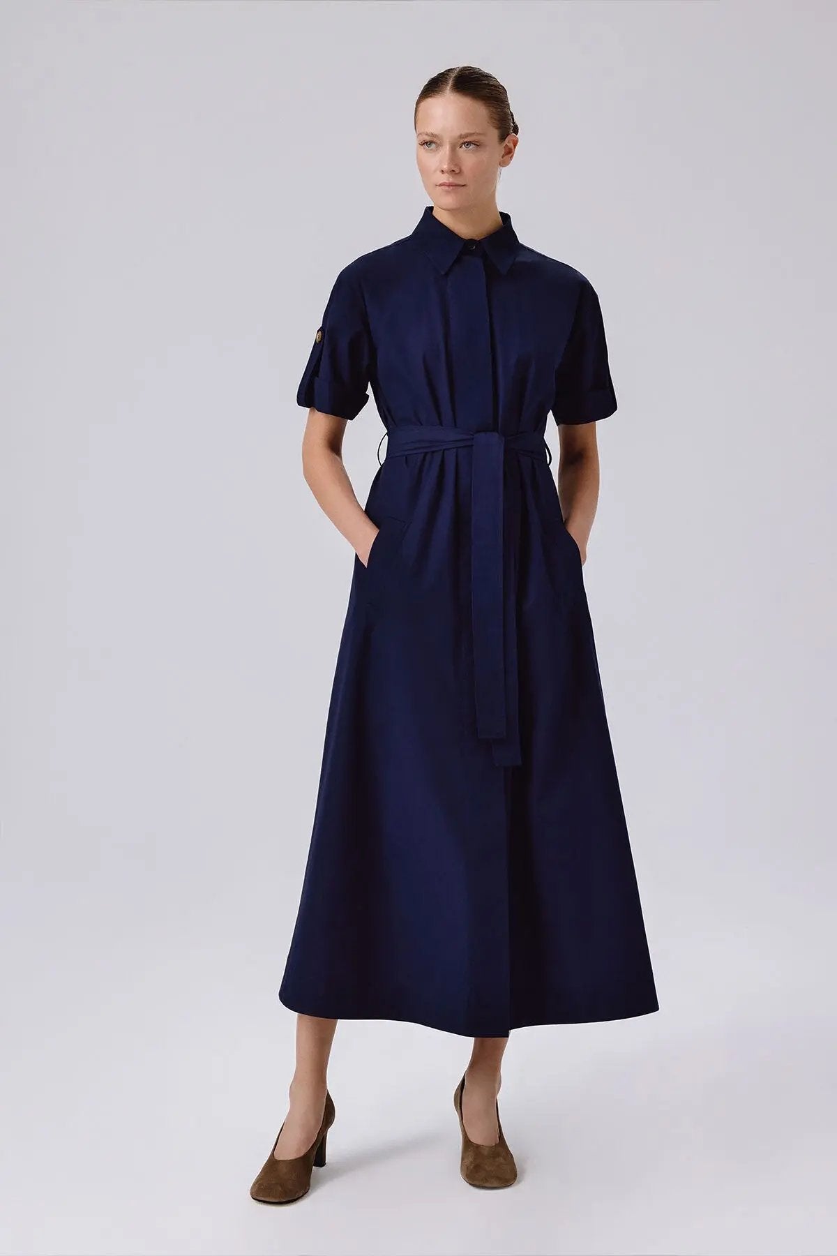 Lacivert Gömlek Yaka Kısa Kollu Uzun Elbise  Mısırlı 1951