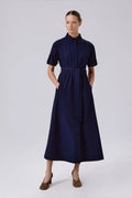 Lacivert Gömlek Yaka Kısa Kollu Uzun Elbise