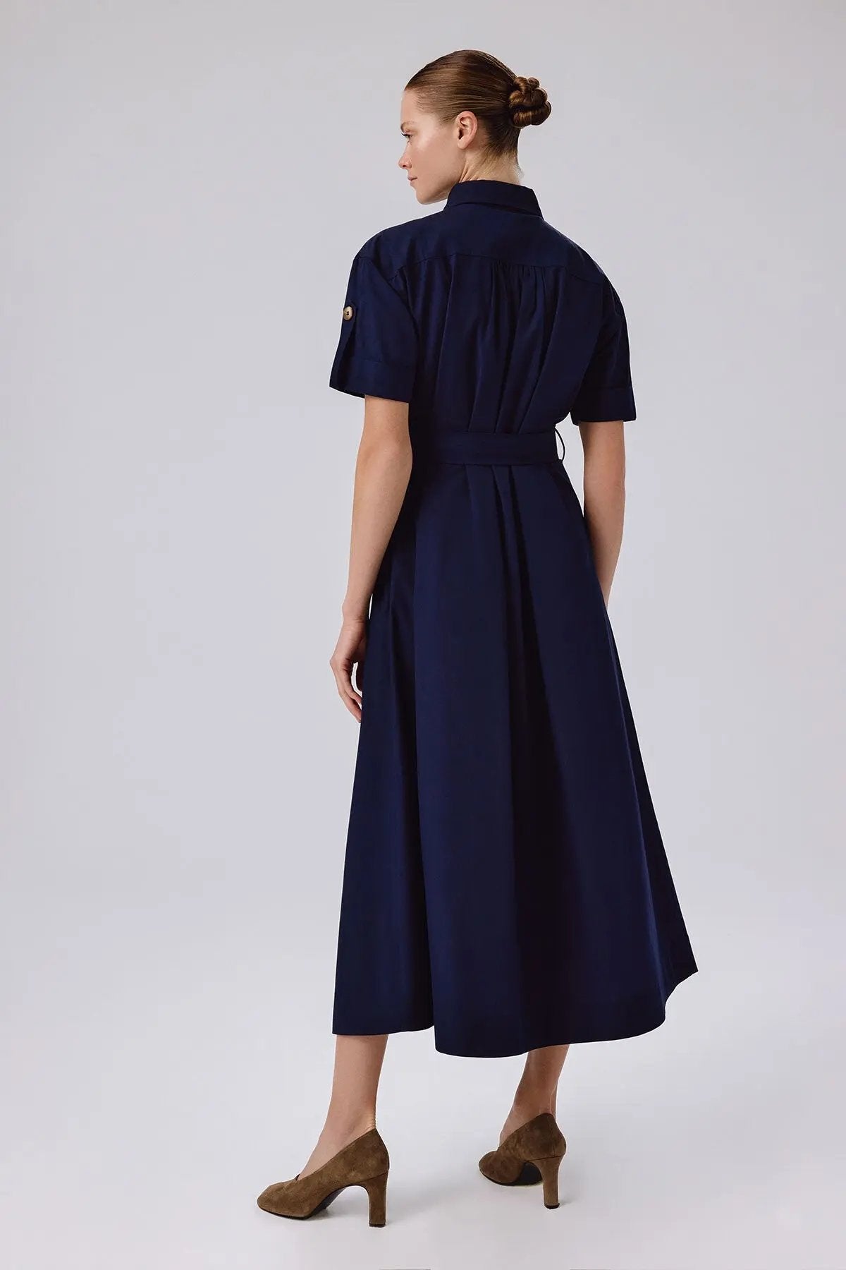 Lacivert Gömlek Yaka Kısa Kollu Uzun Elbise  Mısırlı 1951