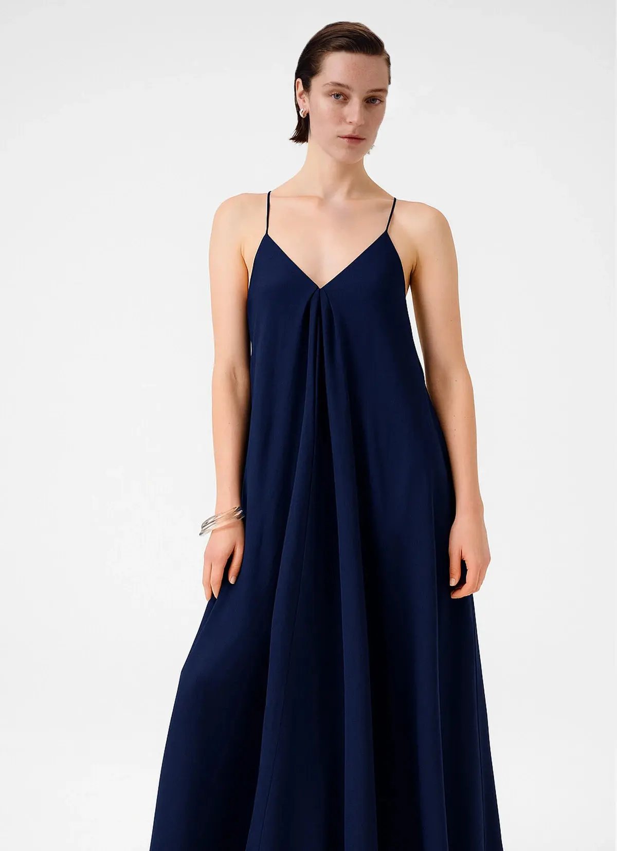 Lacivert İnce Askılı V Yaka Uzun Elbise  Mısırlı 1951