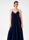 Lacivert İnce Askılı V Yaka Uzun Elbise