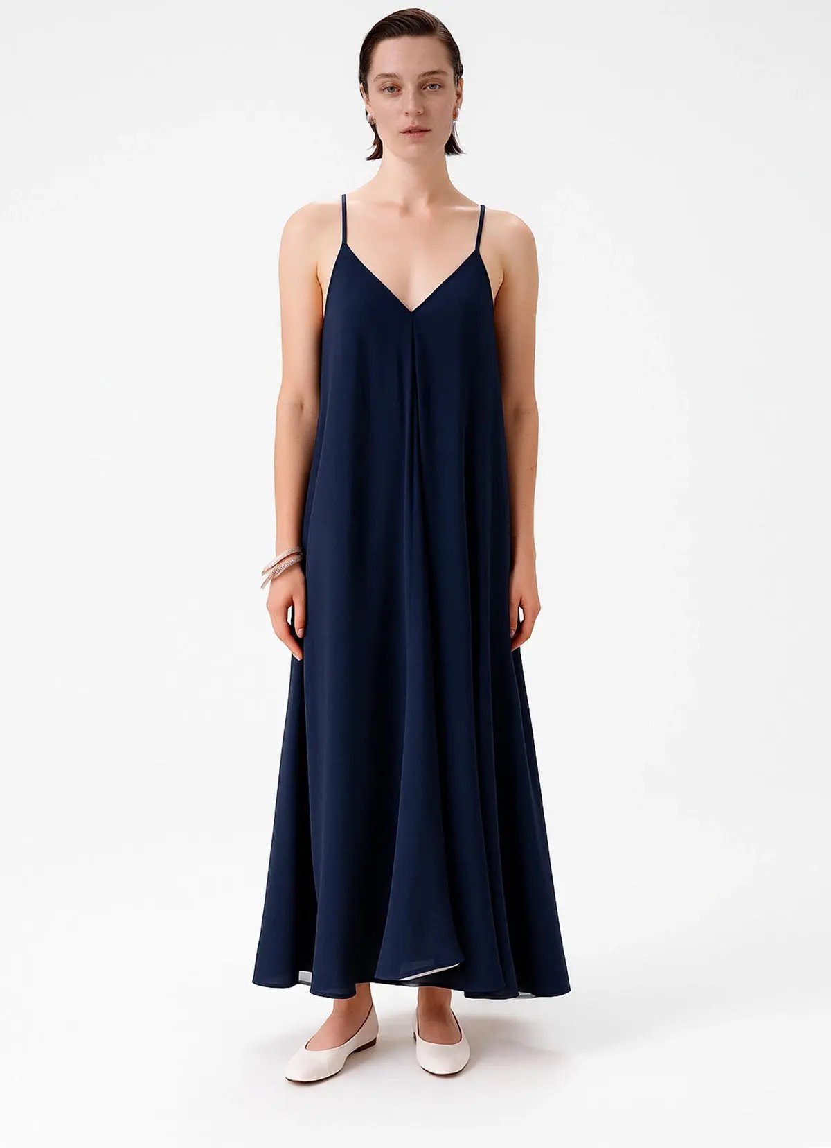 Lacivert İnce Askılı V Yaka Uzun Elbise  Mısırlı 1951