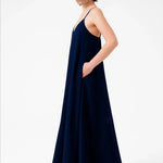 Lacivert İnce Askılı V Yaka Uzun Elbise  Mısırlı 1951