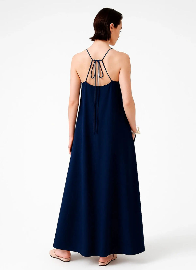 Lacivert İnce Askılı V Yaka Uzun Elbise