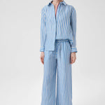 Mavi Beyaz Çizgili Paçası Yırtmaçlı Kadın Pantolon  Mısırlı 1951