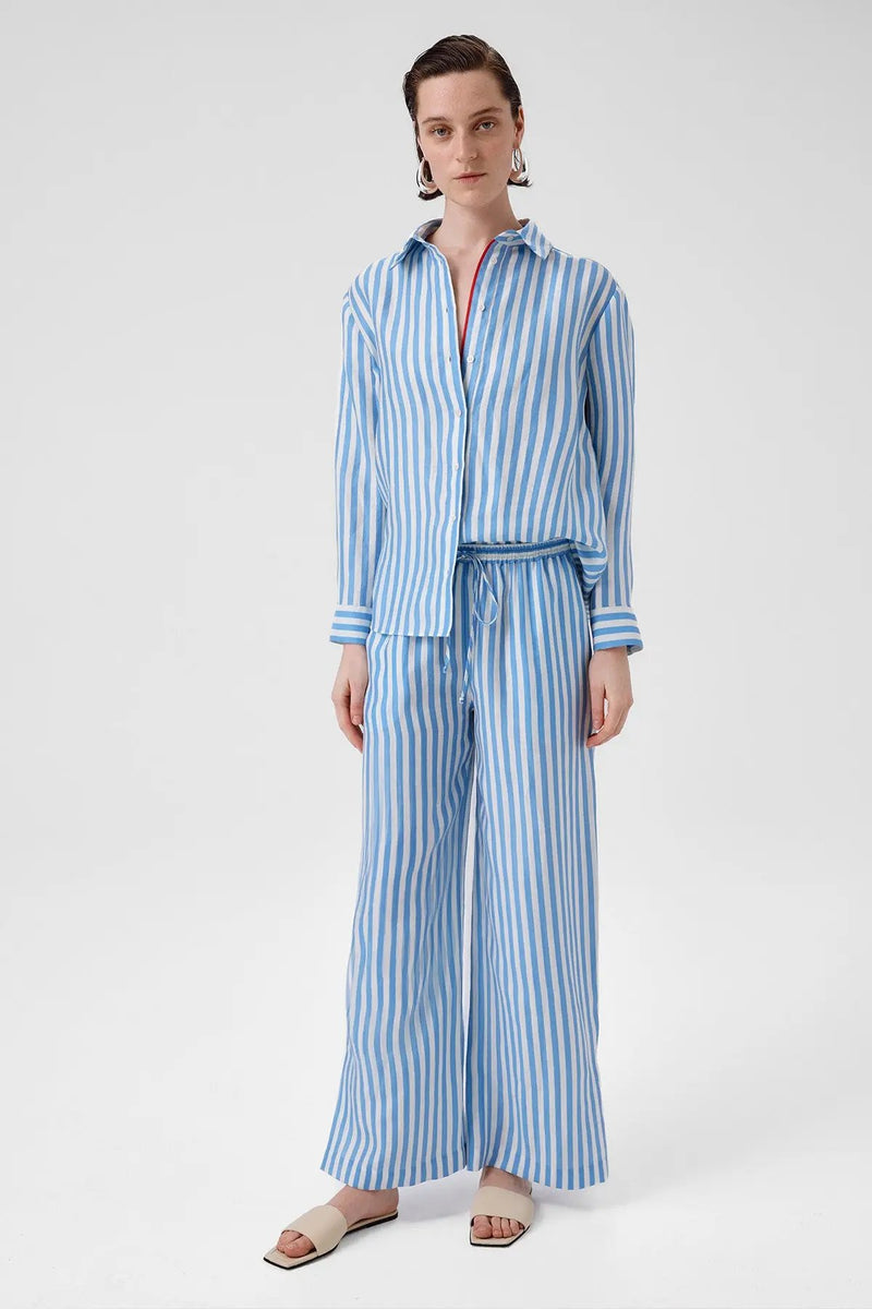 Mavi Beyaz Çizgili Paçası Yırtmaçlı Kadın Pantolon  Mısırlı 1951