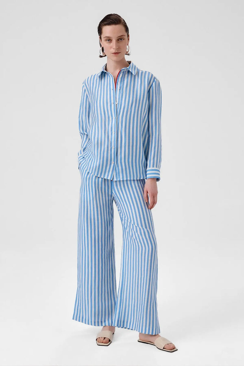 Mavi Beyaz Çizgili Uzun Kollu Kadın Gömlek  Mısırlı 1951