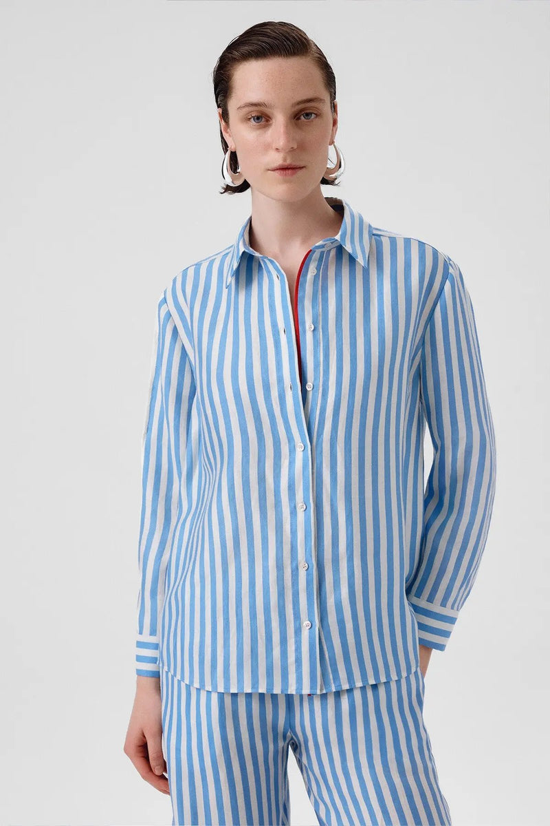 Mavi Beyaz Çizgili Uzun Kollu Kadın Gömlek  Mısırlı 1951