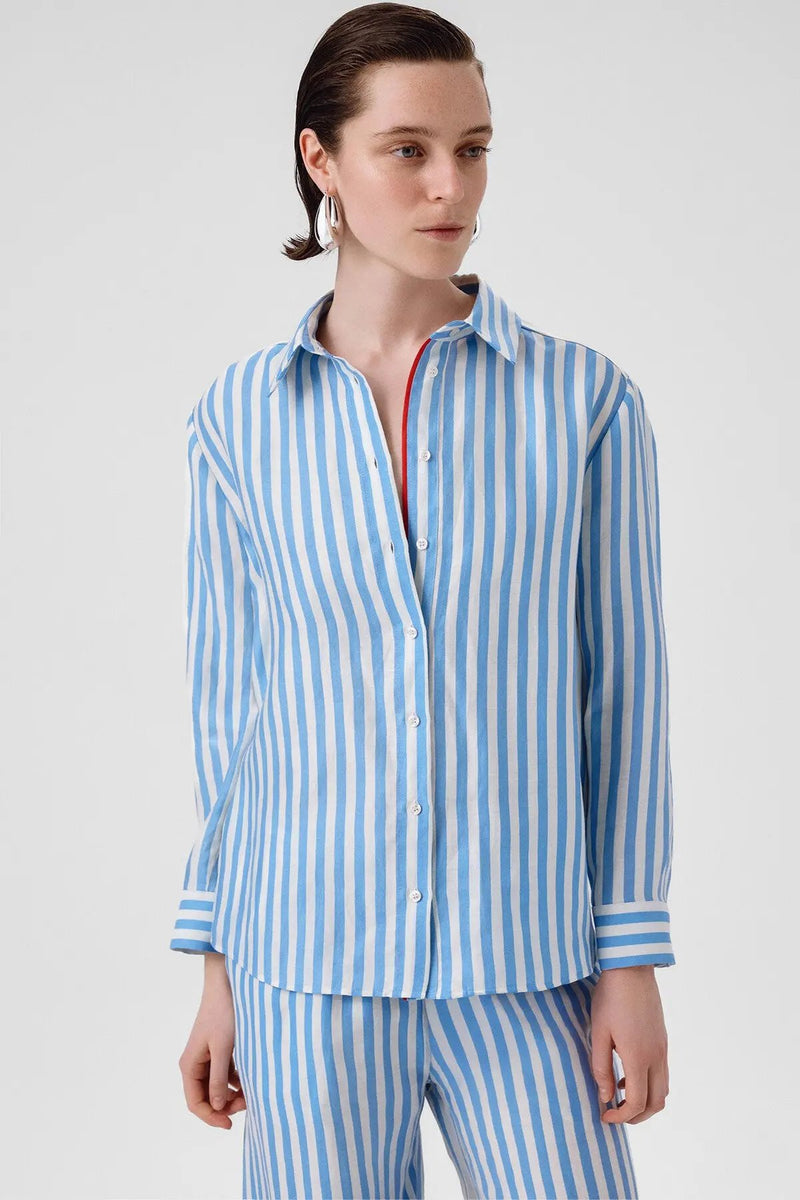 Mavi Beyaz Çizgili Uzun Kollu Kadın Gömlek  Mısırlı 1951