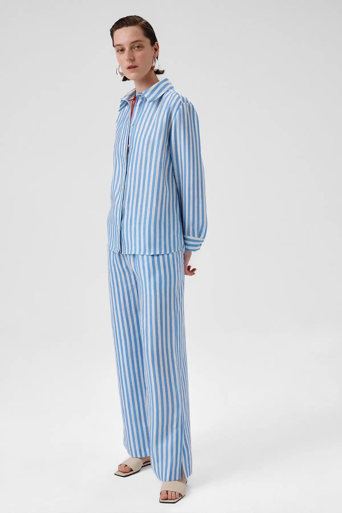 Mavi Beyaz Çizgili Uzun Kollu Kadın Gömlek  Mısırlı 1951