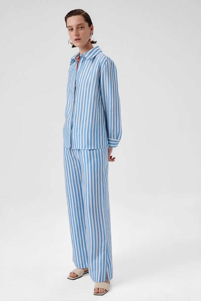Mavi Beyaz Çizgili Uzun Kollu Kadın Gömlek
