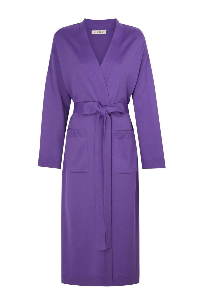 Mor Belden Bağlamalı Uzun Kadın Hırka