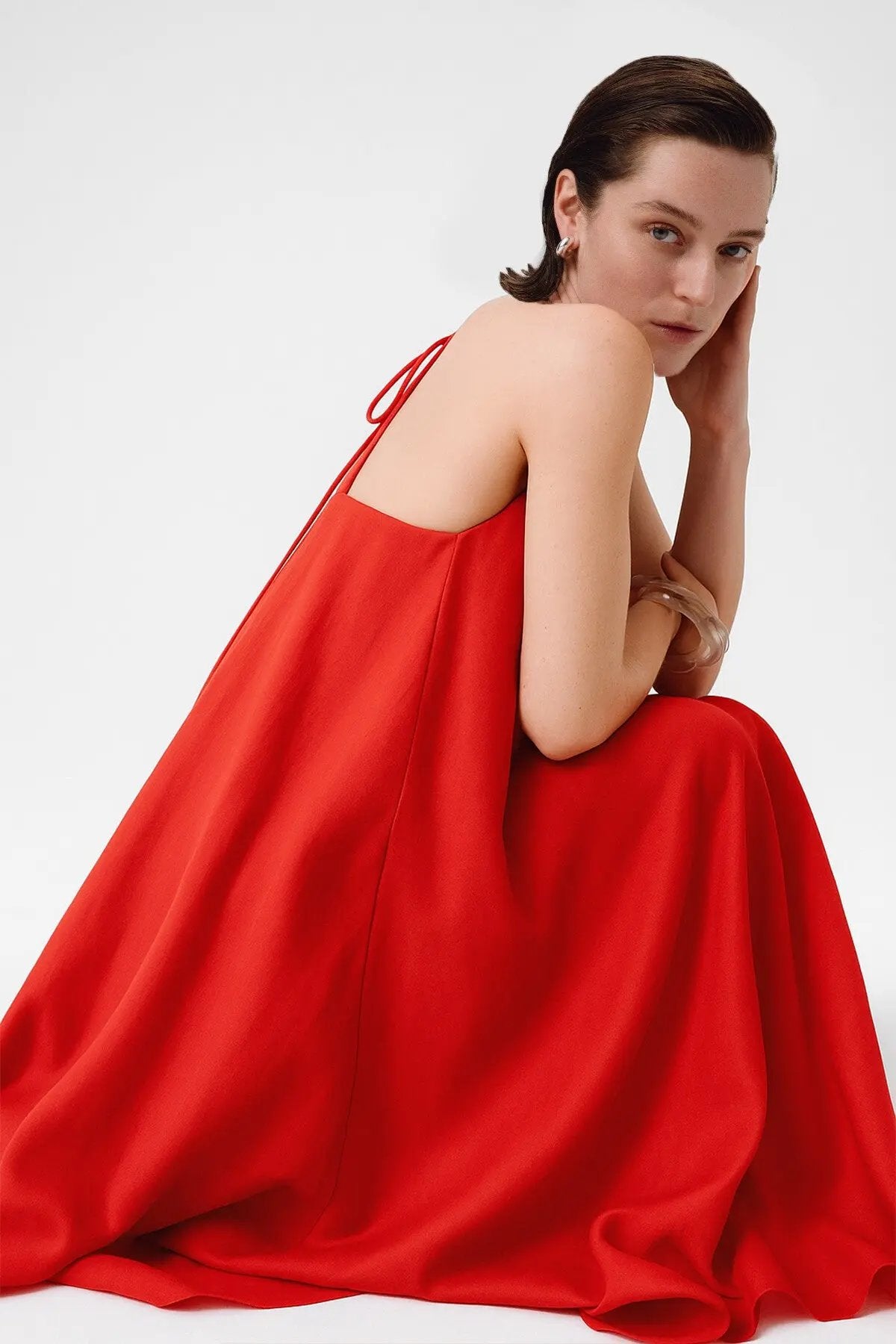 Nar Çiçeği İnce Askılı V Yaka Uzun Elbise  Mısırlı 1951