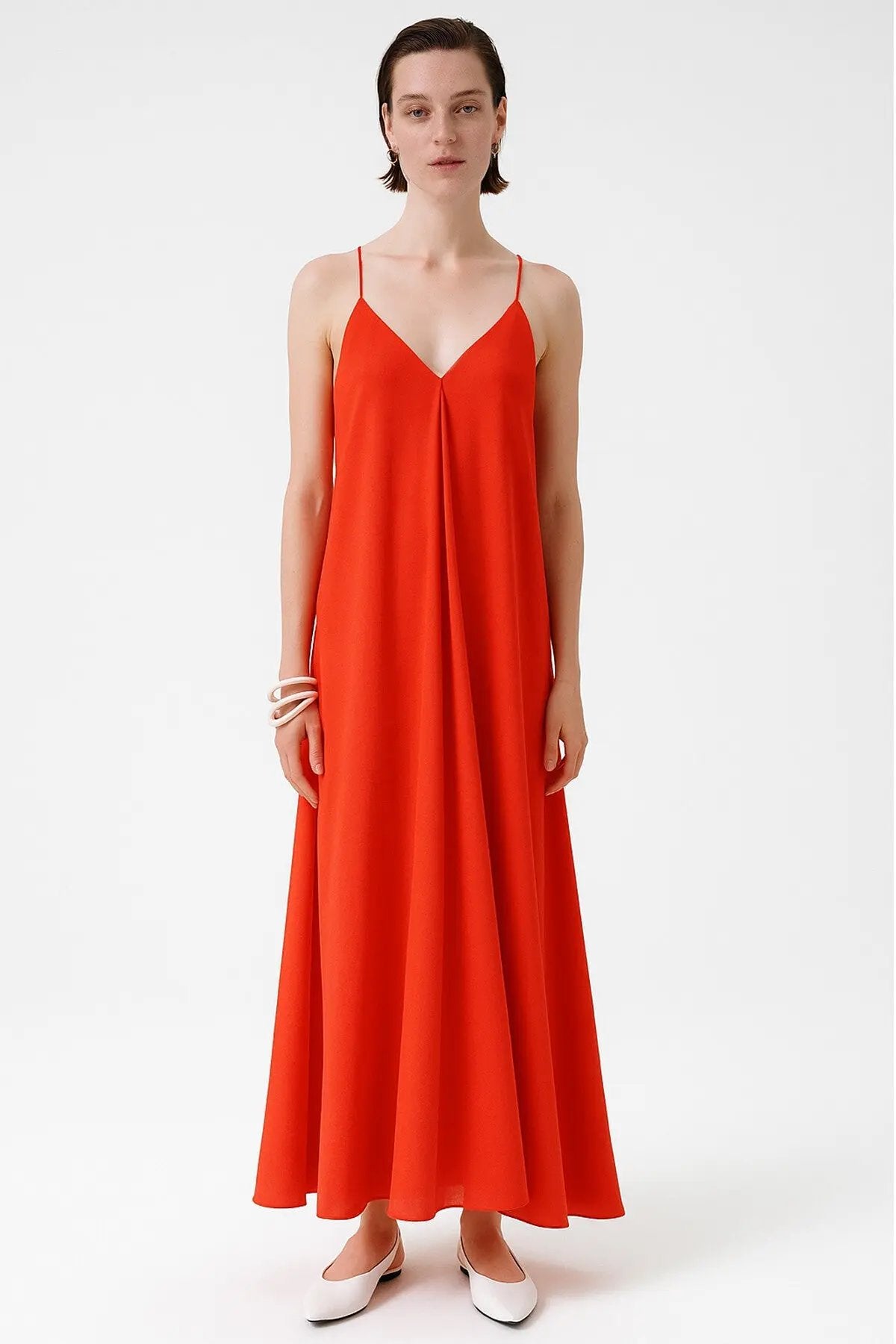 Nar Çiçeği İnce Askılı V Yaka Uzun Elbise  Mısırlı 1951