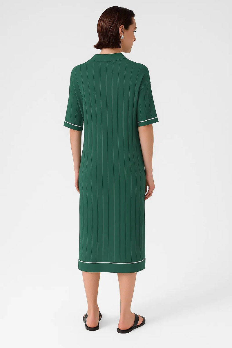Nefti Yeşili Gömlek Yaka Nervürlü Elbise