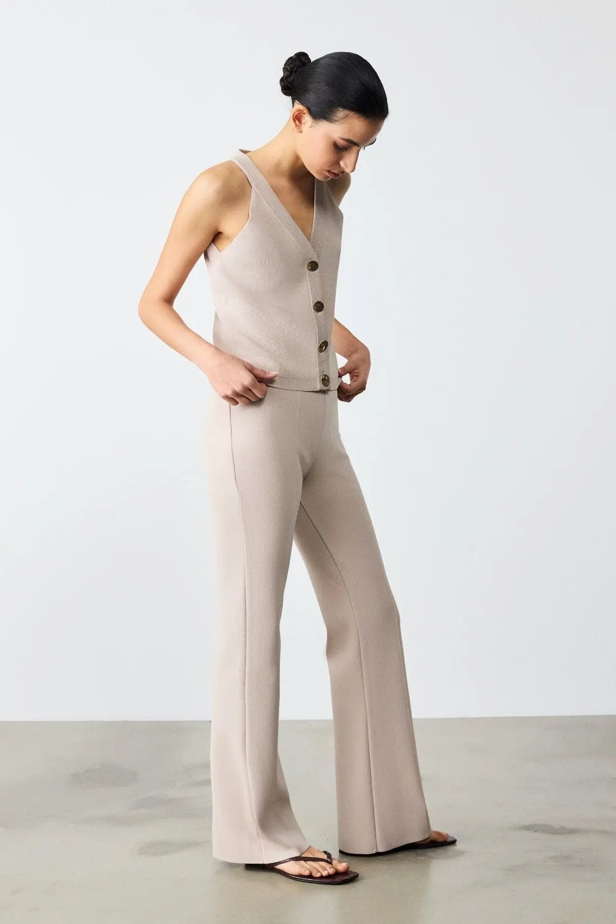 Nervürlü İspanyol Paça Beige Kadın Pantolon  Mısırlı 1951