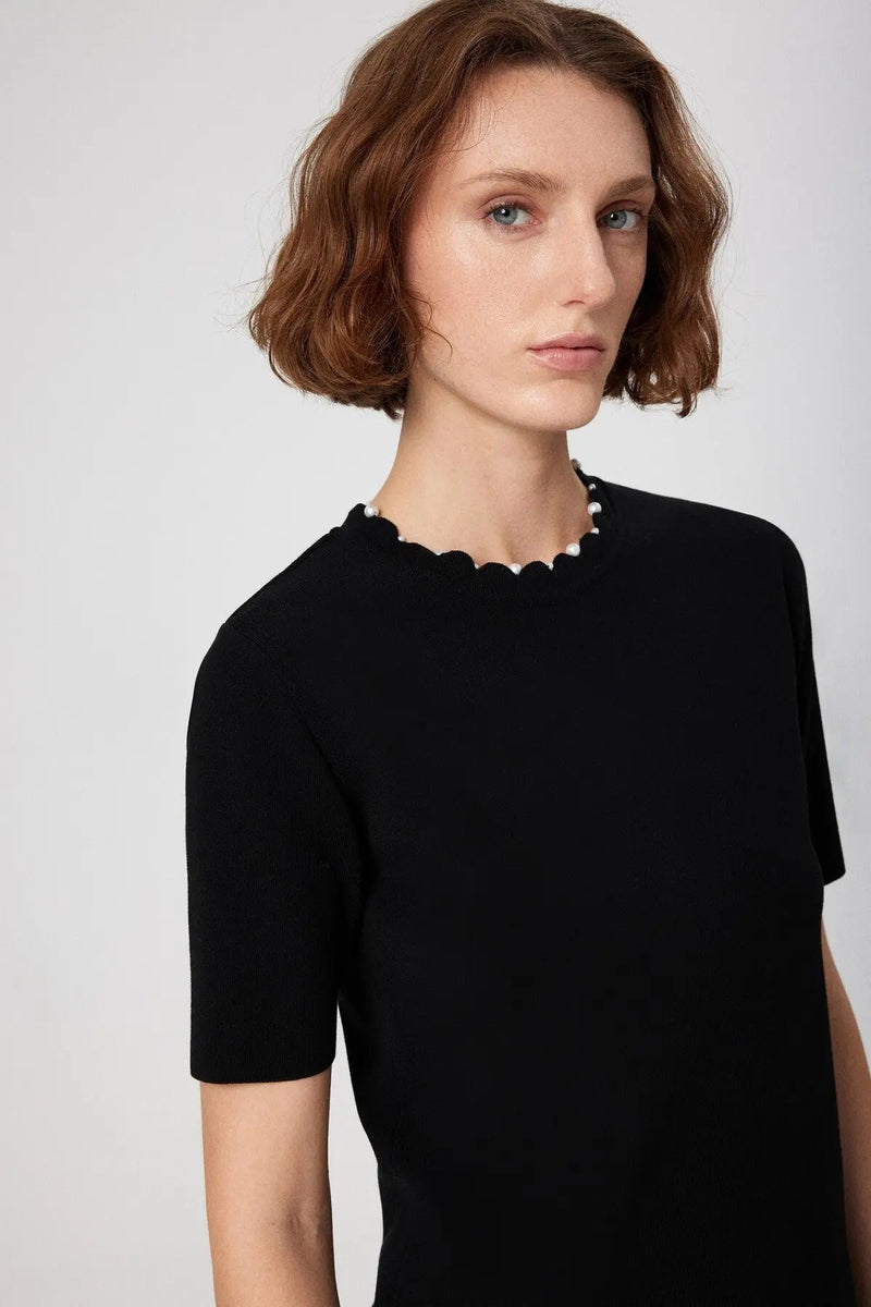 Siyah İnci Detaylı Kısa Kollu Kadın Kazak  Mısırlı 1951