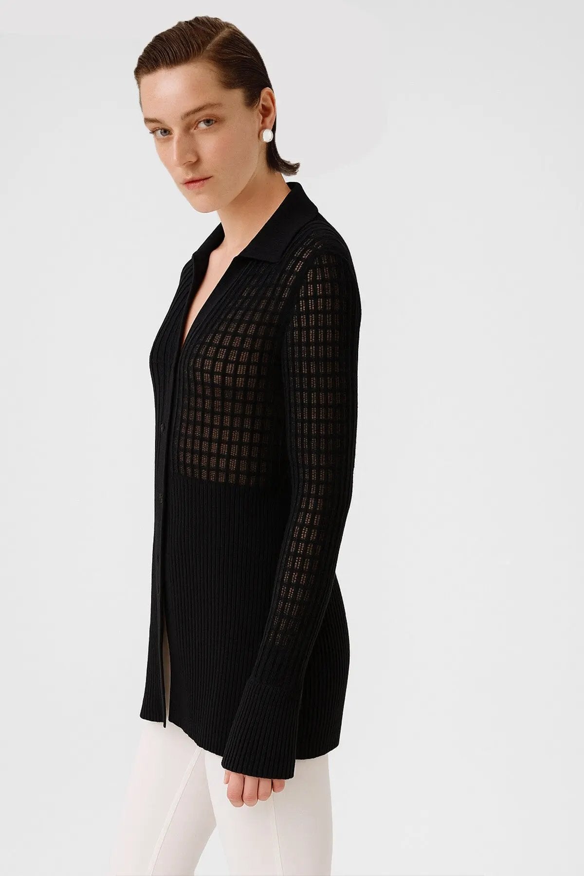 Siyah Transparan Detaylı Fitilli Kadın Hırka  Mısırlı 1951