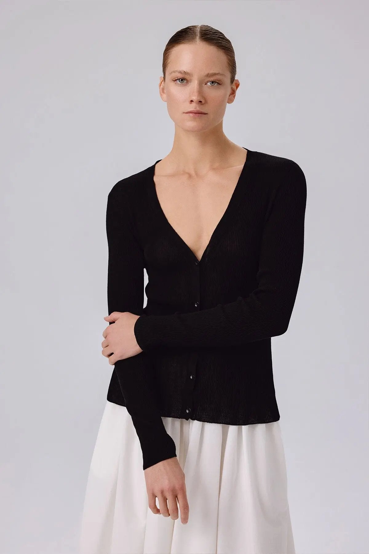 Siyah V Yaka Fitilli İnce Kadın Hırka  Mısırlı 1951