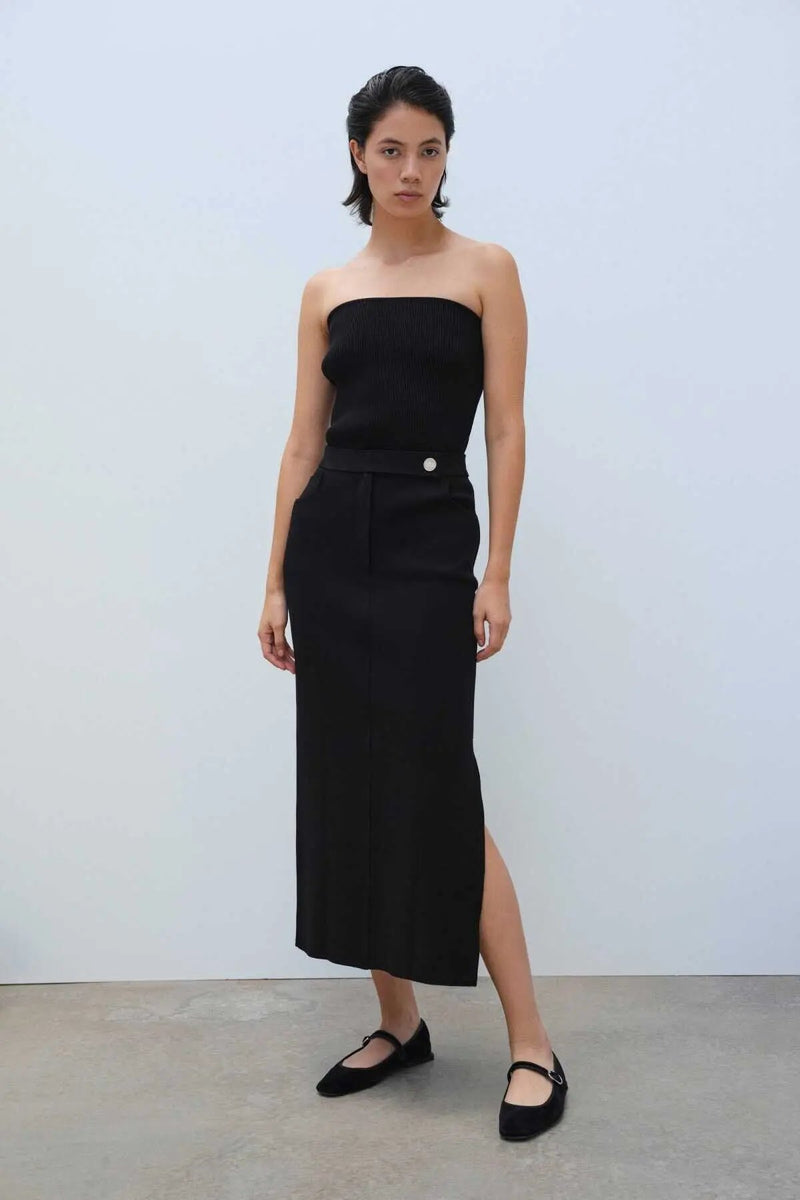 Siyah Yırtmaç Detaylı Uzun Triko Etek  Mısırlı 1951