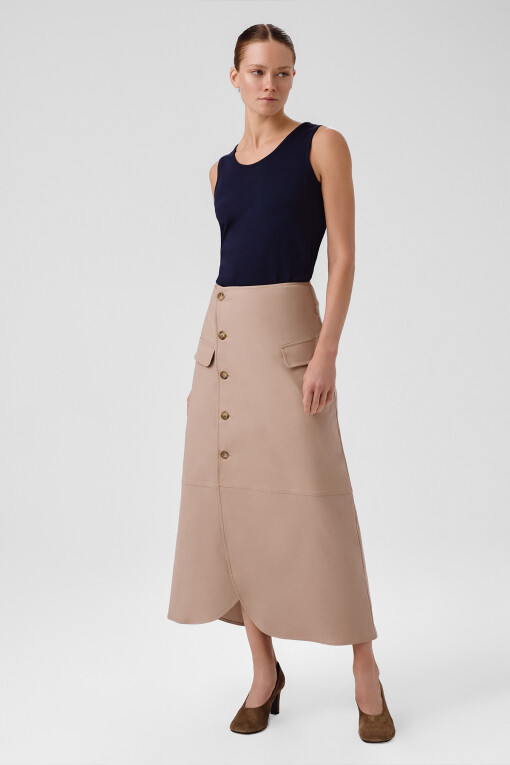Beige Front Buttoned Pocket Detail Long Skirt 