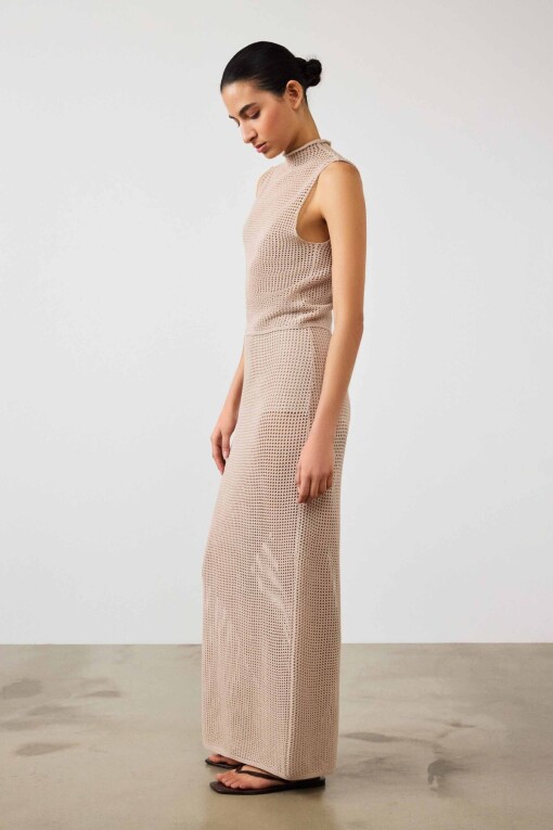 Beige Mesh Long Skirt - Triko Mısırlı