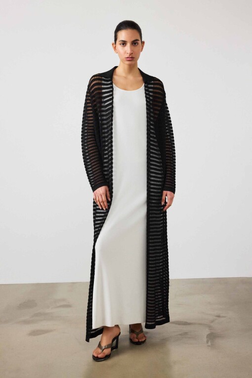 Black Openwork Long Women's Cardigan - Triko Mısırlı