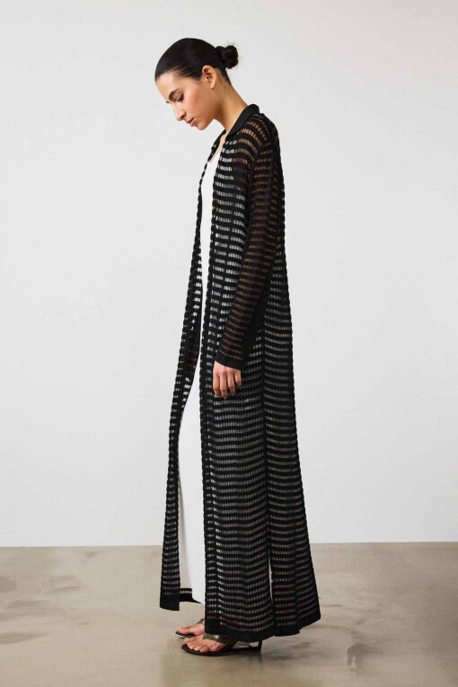 Black Openwork Long Women's Cardigan - Triko Mısırlı