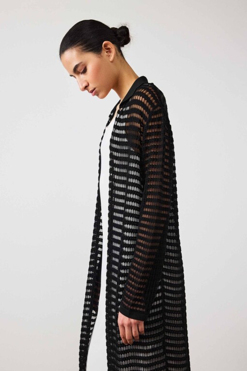 Black Openwork Long Women's Cardigan - Triko Mısırlı