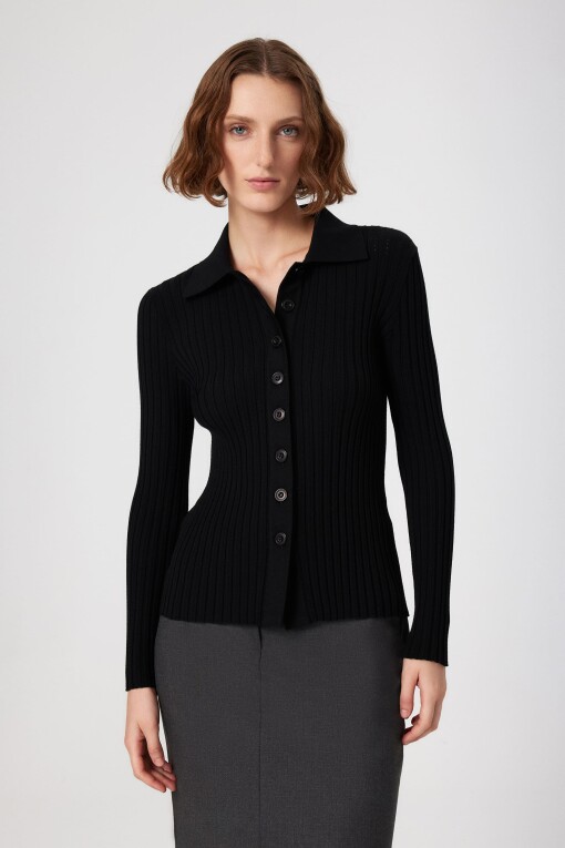 Black Ribbed Buttoned Women's Cardigan 