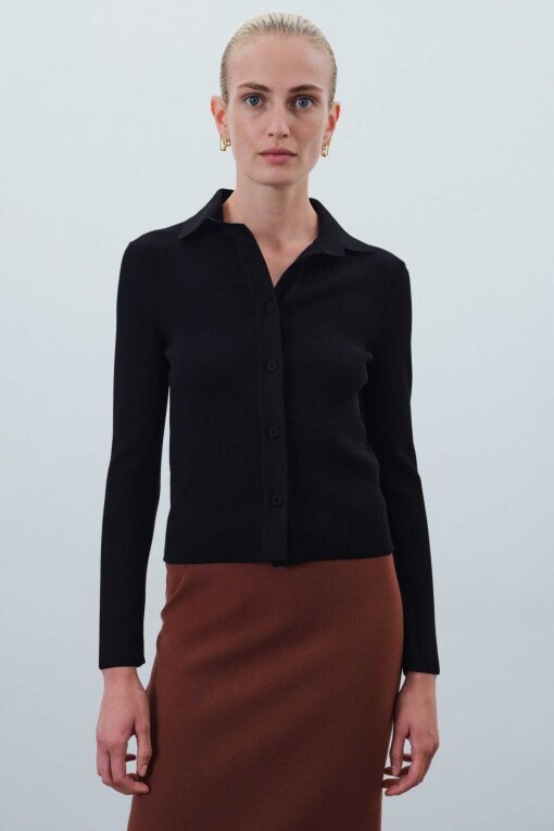 Black Shirt Collar Slim Fit Knit Women’s Cardigan - Triko Mısırlı