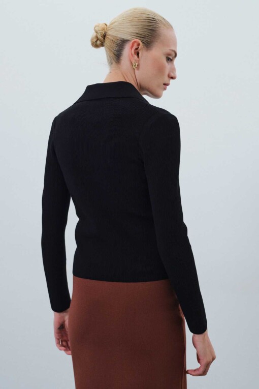 Black Shirt Collar Slim Fit Knit Women’s Cardigan - Triko Mısırlı